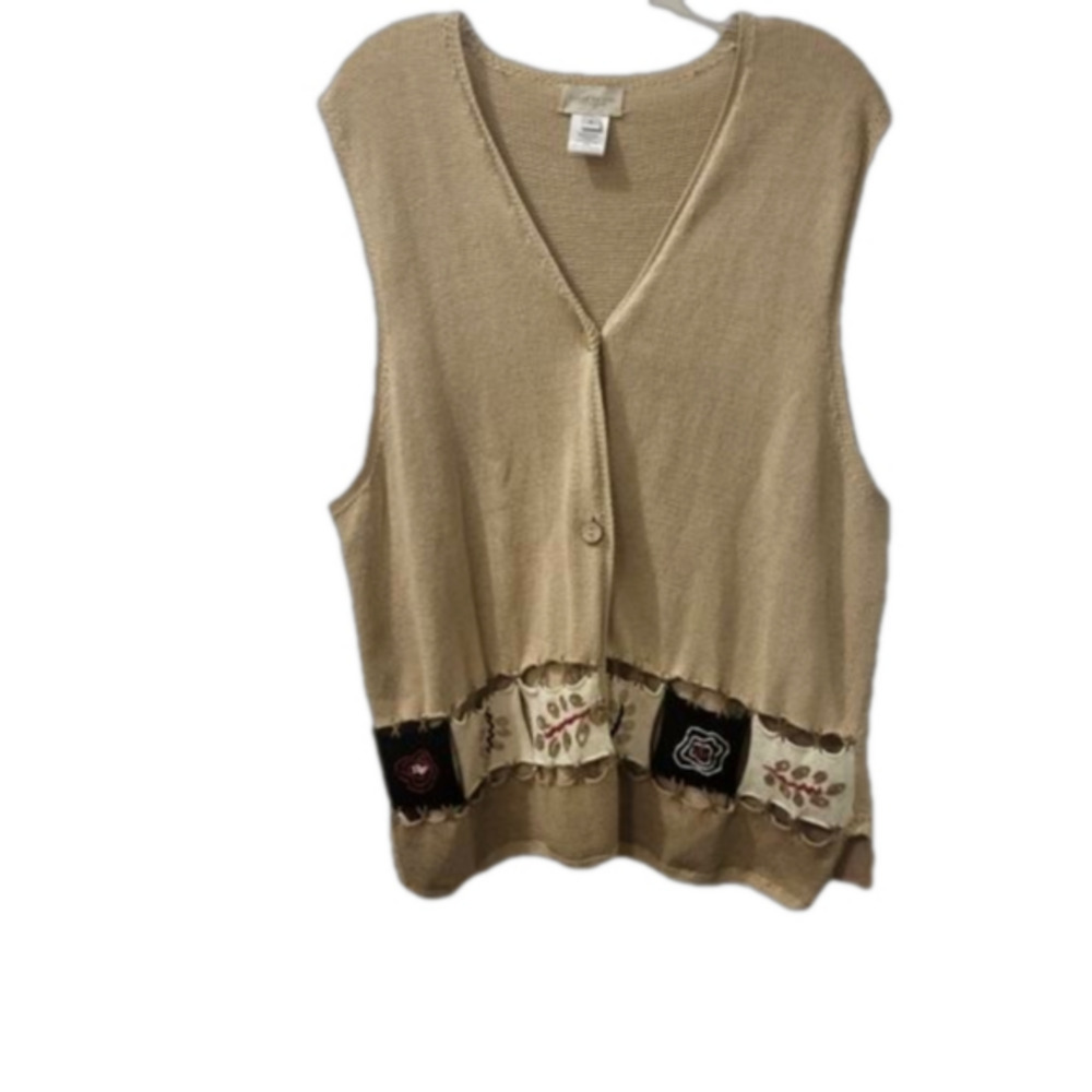 Vintage "Susan Bristol"‎ Hand Embroidered Linen/Cotton Tan Vest Size XL
